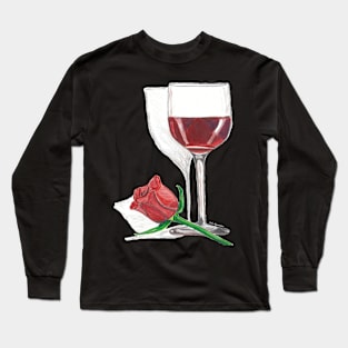 Love is in the Air Wine Glass and Rose Hand Drawn Design Long Sleeve T-Shirt